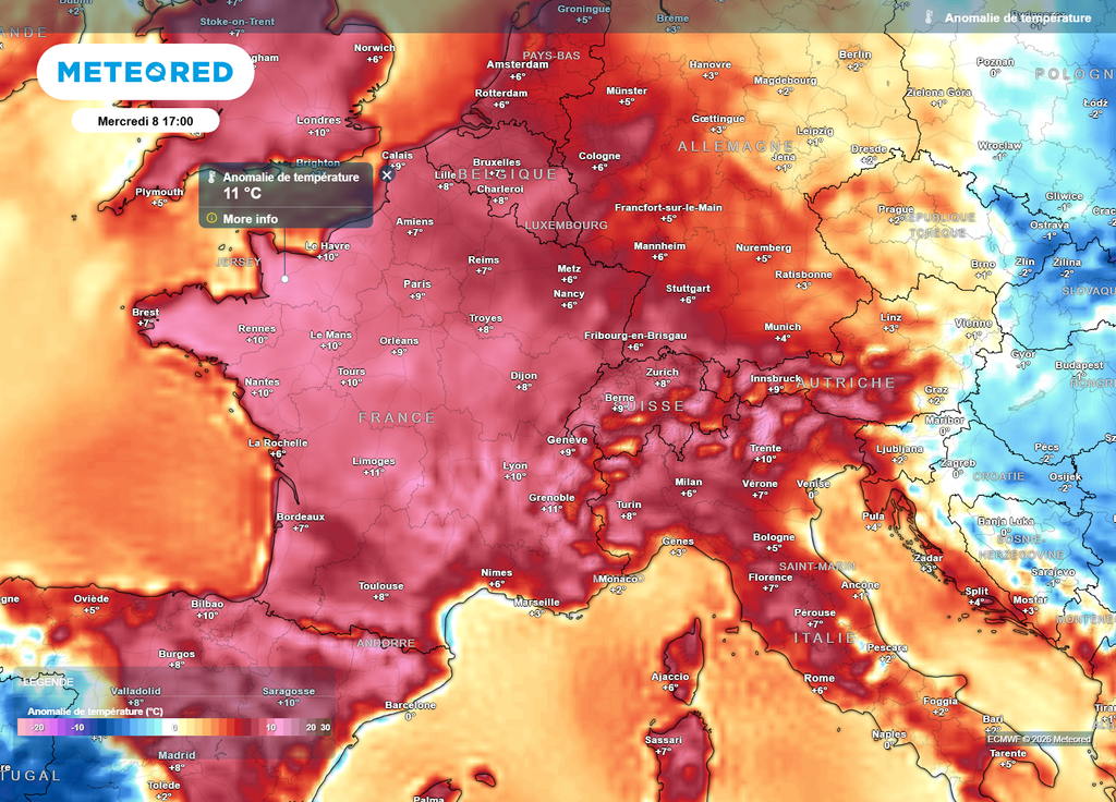 Mercredi après-midi, l'anomalie de températures sera remarquable, parfois jusqu'à 11°C au-dessus des normales de saison, notamment en Normandie et Pays-de-la-Loire.