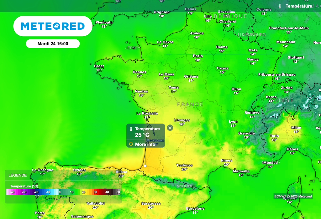 25 degrés cet après-midi dans le sud-ouest de la France. 25 degrés cet après-midi dans le sud-ouest de la France.