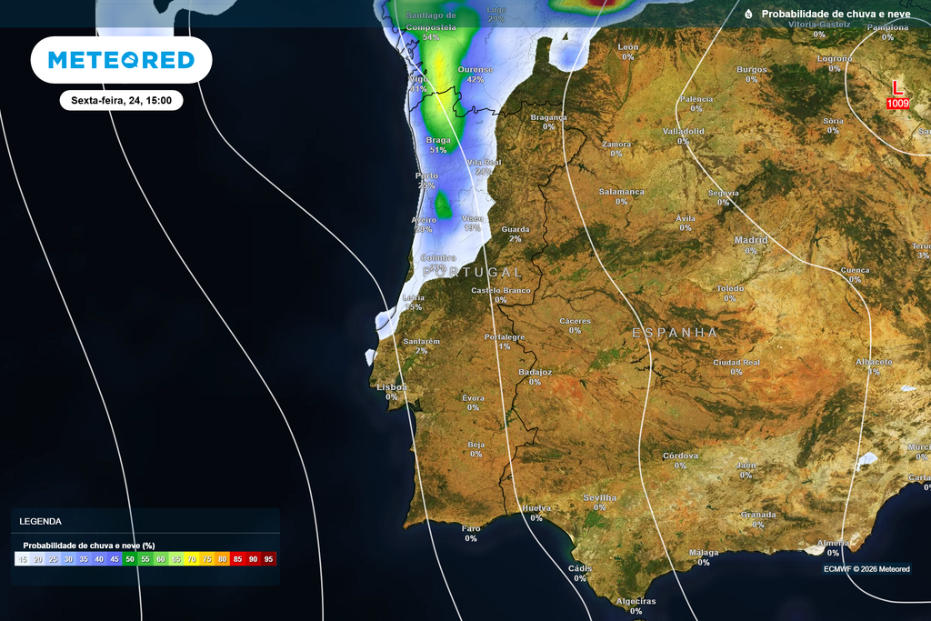 Probabilidade de chuva - sexta-feira, 24 de julho, às 15h A probabilidade de precipitação será mais elevada no litoral Norte, diminuindo rapidamente para o interior do país.