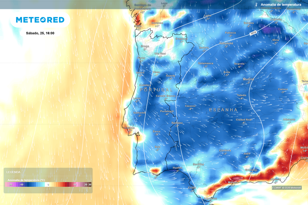 Anomalia da temperatura - sábado, 25 de julho, às 16h Grande parte de Portugal continental deverá apresentar temperaturas abaixo da média para esta época do ano.