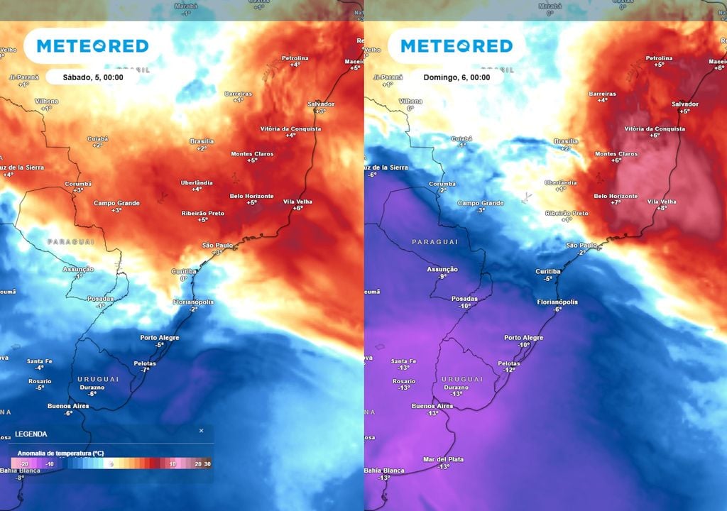 Previsão de anomalias de temperatura em 850 hPa no final da Sexta-Feira (esquerda) e do Sábado (direita). Previsão de anomalias de temperatura em 850 hPa no final da Sexta-Feira (esquerda) e do Sábado (direita) mostra o avanço da massa de ar frio, trazendo frio novamente ao centro-sul do Brasil.