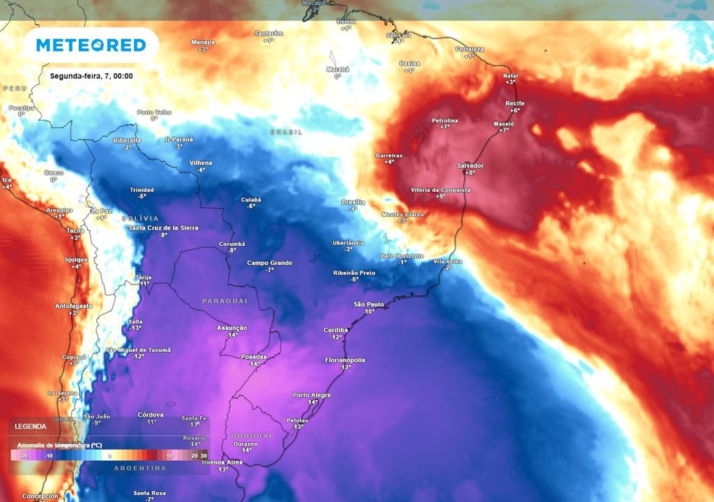 Previsão de anomalias de temperatura em 850 hPa no final do domingo. Previsão de anomalias de temperatura em 850 hPa no final do domingo mostram o avanço da massa de ar polar por grande parte do país, trazendo frio ao Sul, Sudeste, Centro-Oeste e Norte.