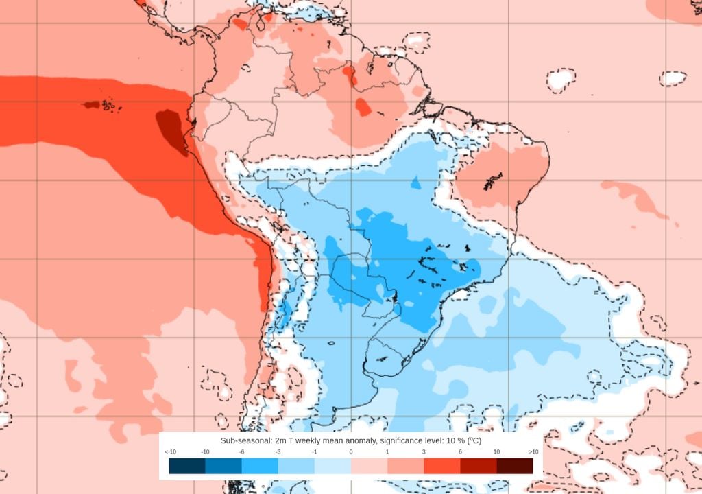 Previsão de anomalias de temperatura entre os dias 7 e 14 de Setembro. Previsão de anomalias de temperatura entre os dias 7 e 14 de Setembro mostra que a massa de ar frio deixará o clima mais frio do que o normal na maior parte do Brasil semana que vem.