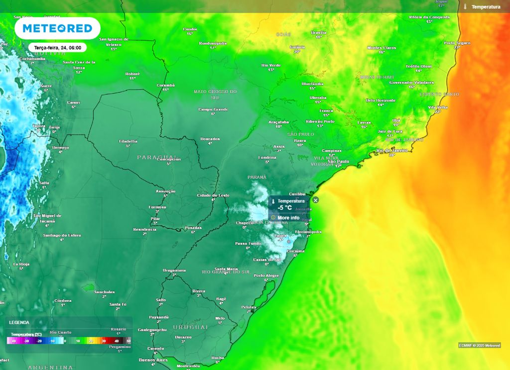 Temperatura mínima prevista para o centro-sul do Brasil na manhã de terça-feira (24). Temperatura mínima prevista para o centro-sul do Brasil na manhã de terça-feira (24).