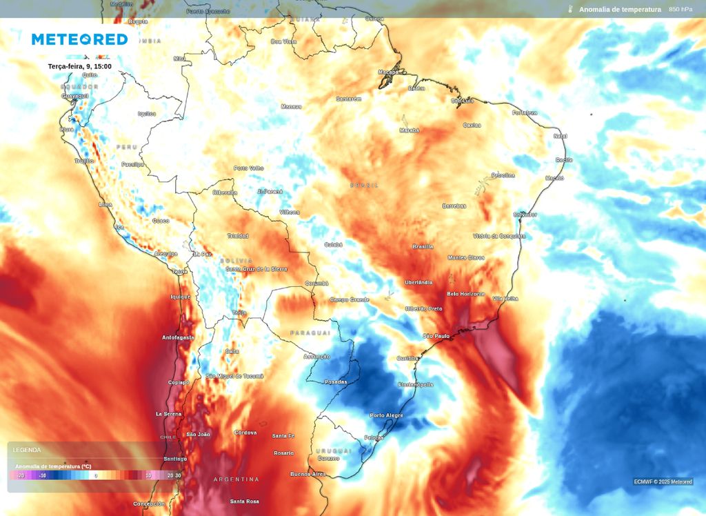 Anomalia de temperatura prevista para a tarde desta terça-feira (9).