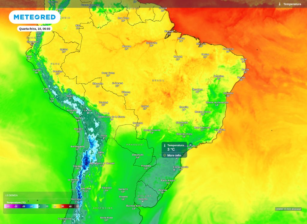Temperatura mínima prevista para a manhã de quarta-feira (10).