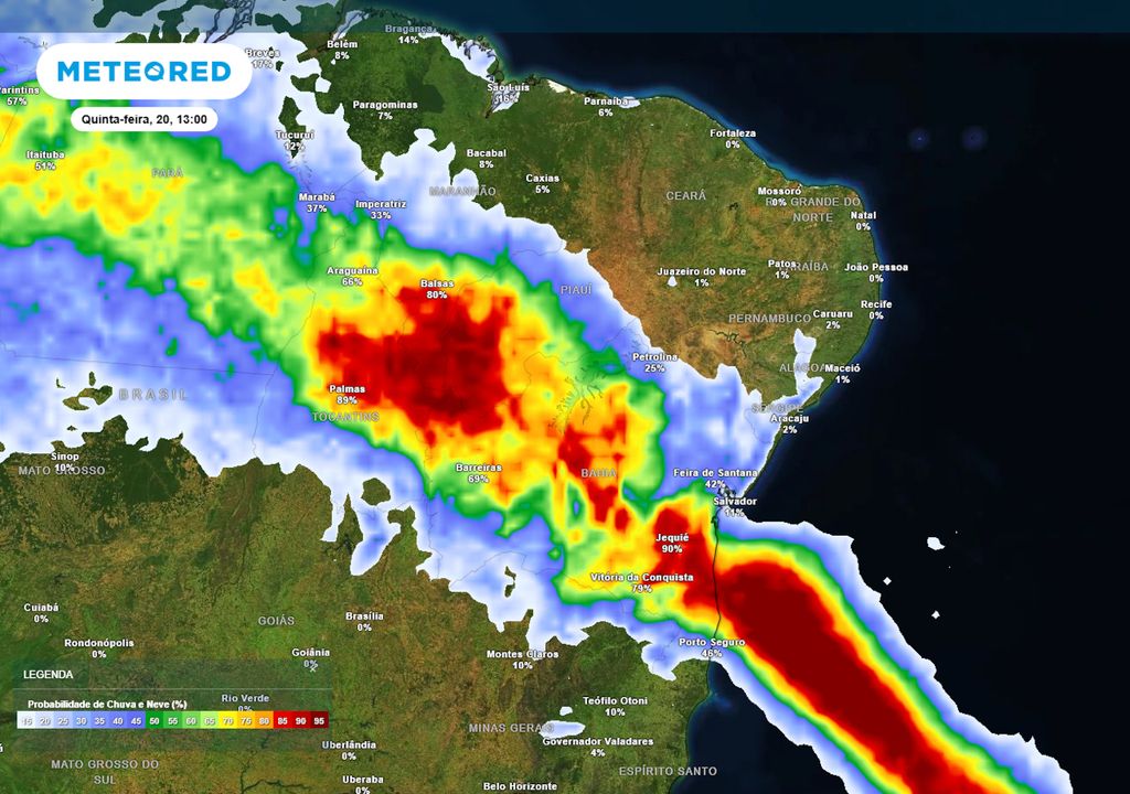Previsão de probabilidade de chuva na quinta-feira durante a tarde.