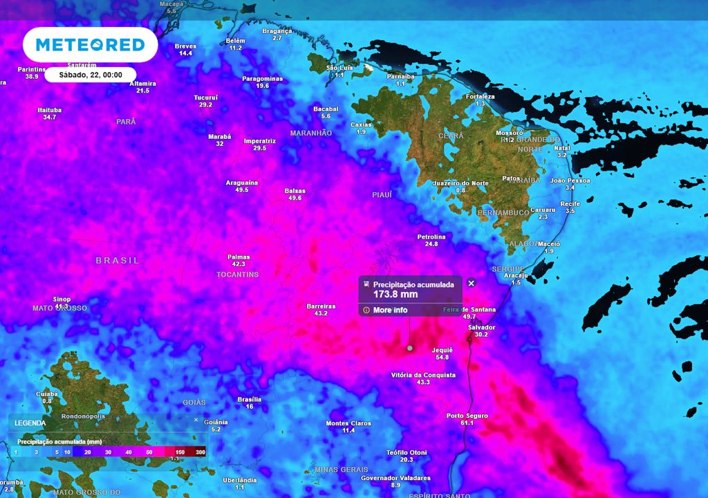Previsão de acumulados totais de chuva até o final da sexta-feira.