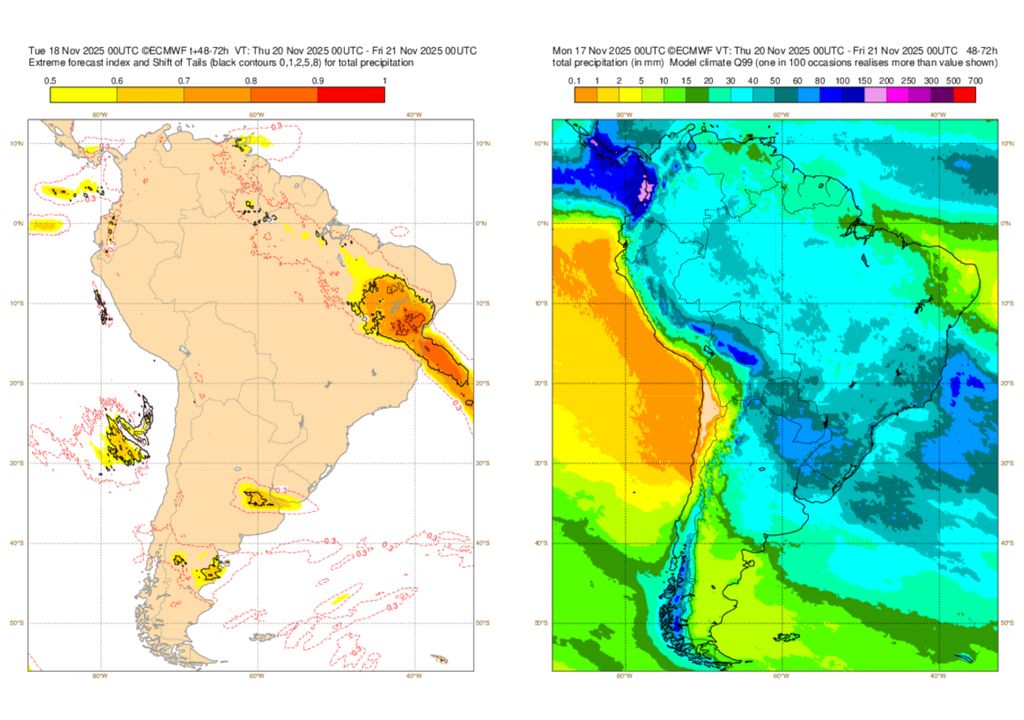 Previsão de Extreme Forecast Index (EFI) para precipitação durante a quinta-feira.
