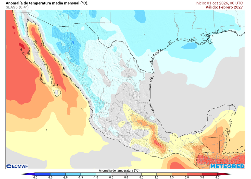 Anomalía de temperaturas para febrero 2027 en grados Celsius Masas polares y árticas más frecuentes, así como periodos de lluvias experimentaríamos este otoño-invierno en México por El Niño Muy Fuerte.