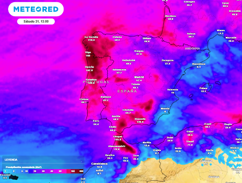 Acumulación prevista por el modelo ECMWF hasta el día 31 d enero de 2026 12 UTC. Tiempo.com