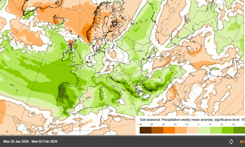 Anomalías semanales de precipitación para las próximas semana: verdes para anomalías positivas de precipitación y naranjas para negativas. ECMWF