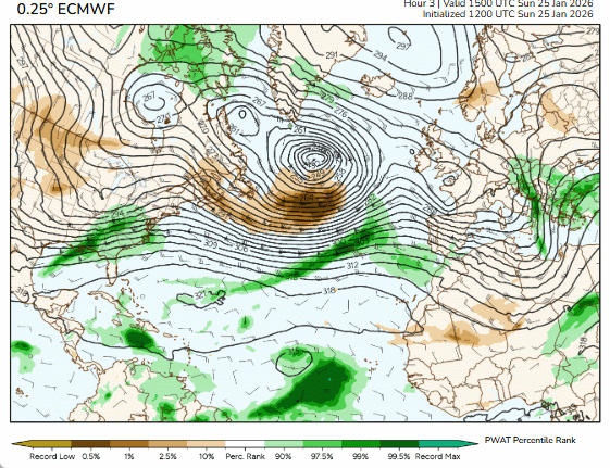 Diferentes ríos de humedad atravesarán el Atlántico Norte durante los próximos días, zonas en verde mostrando cantidades ingentes de agua precipitable potencial muy anómalas. Fuente: Tomer Burg
