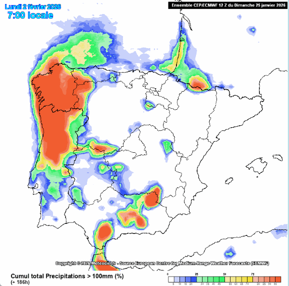 Probabilidad de que la acumulación de la precipitación supere los 100 l/m2 entre el 26 de enero y 2 de febrero de 2026, según escala de colores. Meteociel