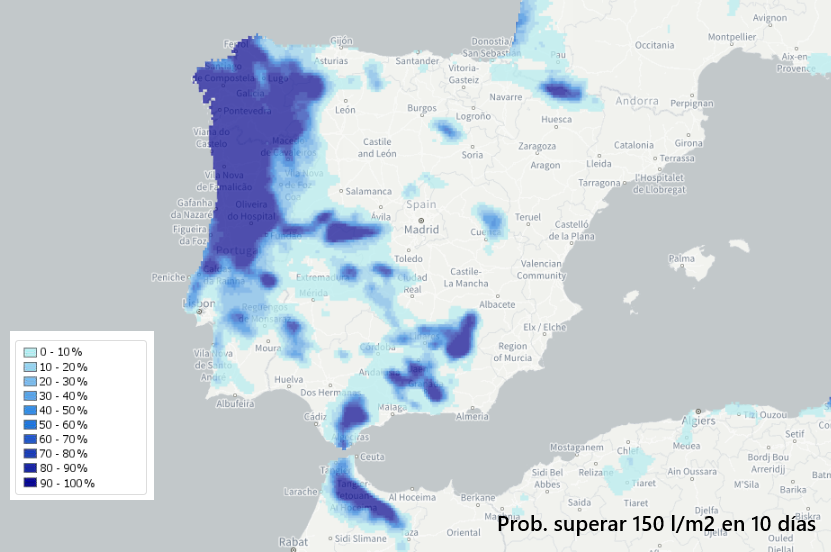 Probabilidad de que se superen los 150 l/m2 en los próximos 10 días, según escala de colores. GLOFAS ECMWF
