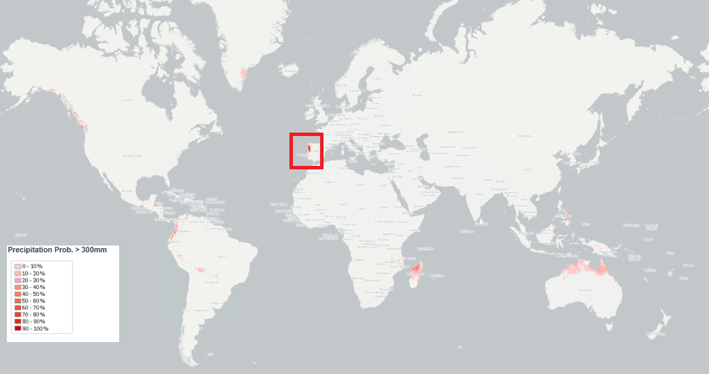 Ídem que el caso anterior pero con la probabilidad de superar los 300 l/m2 en escala de rosas. Las mayores probabilidades se dan al oeste de la península ibérica. GLOFAS ECMWF