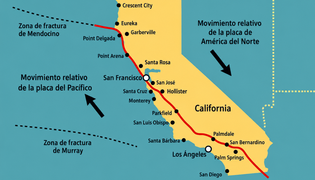 Imagen representativa de la falla de San Andrés en color rojo, extendida en el estado de California, en Estados Unidos y sus movimientos.