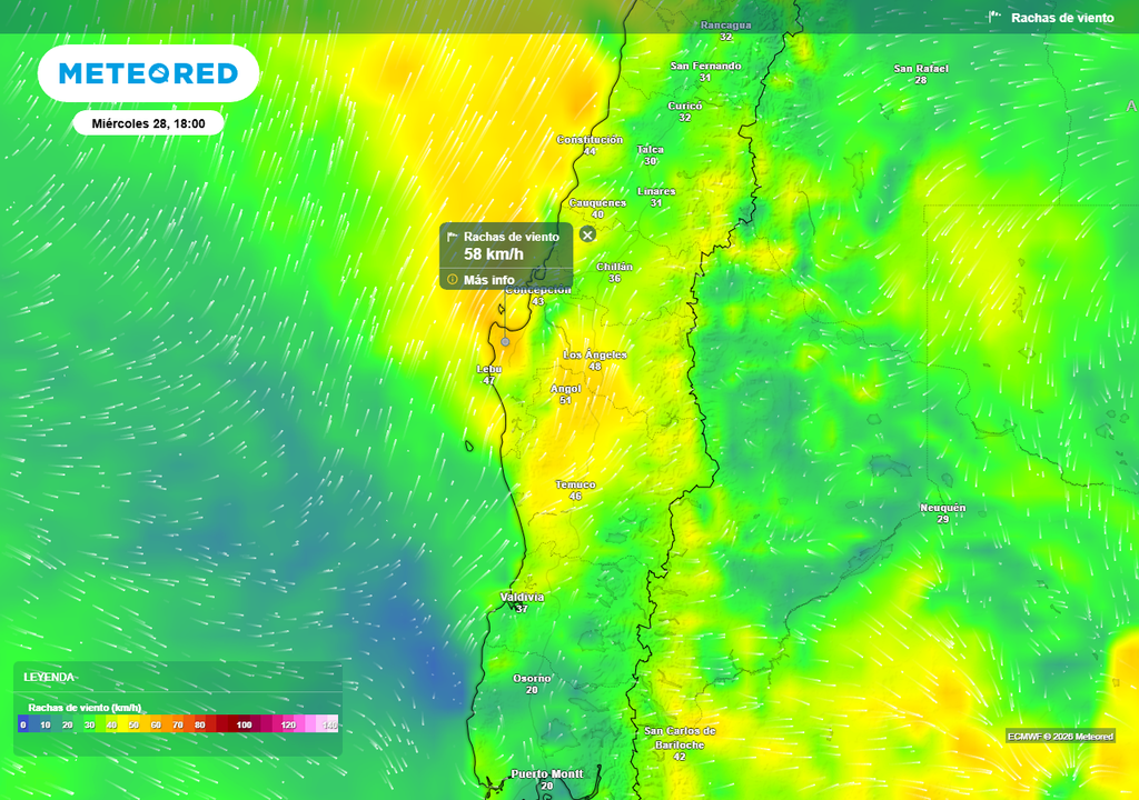 Pronóstico semanal Chile centro sur, Meteored Rachas de viento (km/h) para la tarde del miércoles 28 de enero 2026 en Chile centro sur.