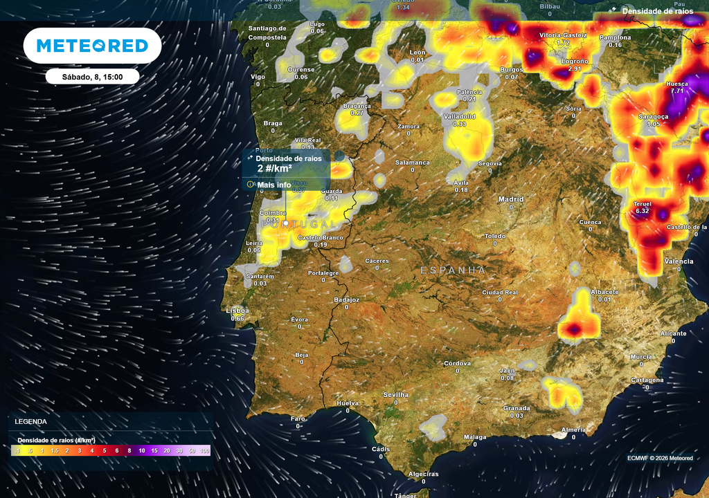 densidade de raios; trovoada Além da chuva prevista, também se espera a ocorrência de trovoada em vários pontos do Norte e Centro do país.