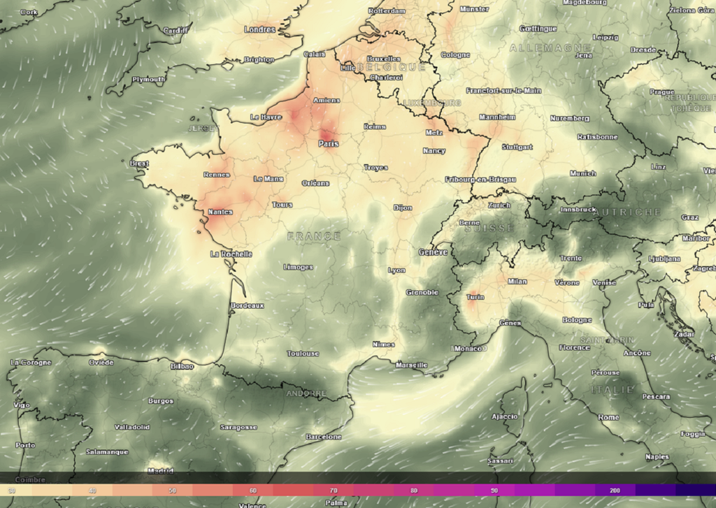 La concentration en particules fines PM10 a nettement augmenté dans le quart nord-ouest (via Meteored). La concentration en particules fines PM10 a nettement augmenté dans le quart nord-ouest (via Meteored).