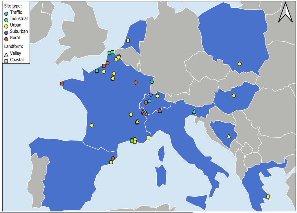 Localisation et types de sites d’échantillonnage en Europe avec données de potentiel oxydant (OP). Carte réalisée avec QGIS, frontières des pays : Etalab, Licence Ouverte v2.0 (2024). @Tassel et al., 2025