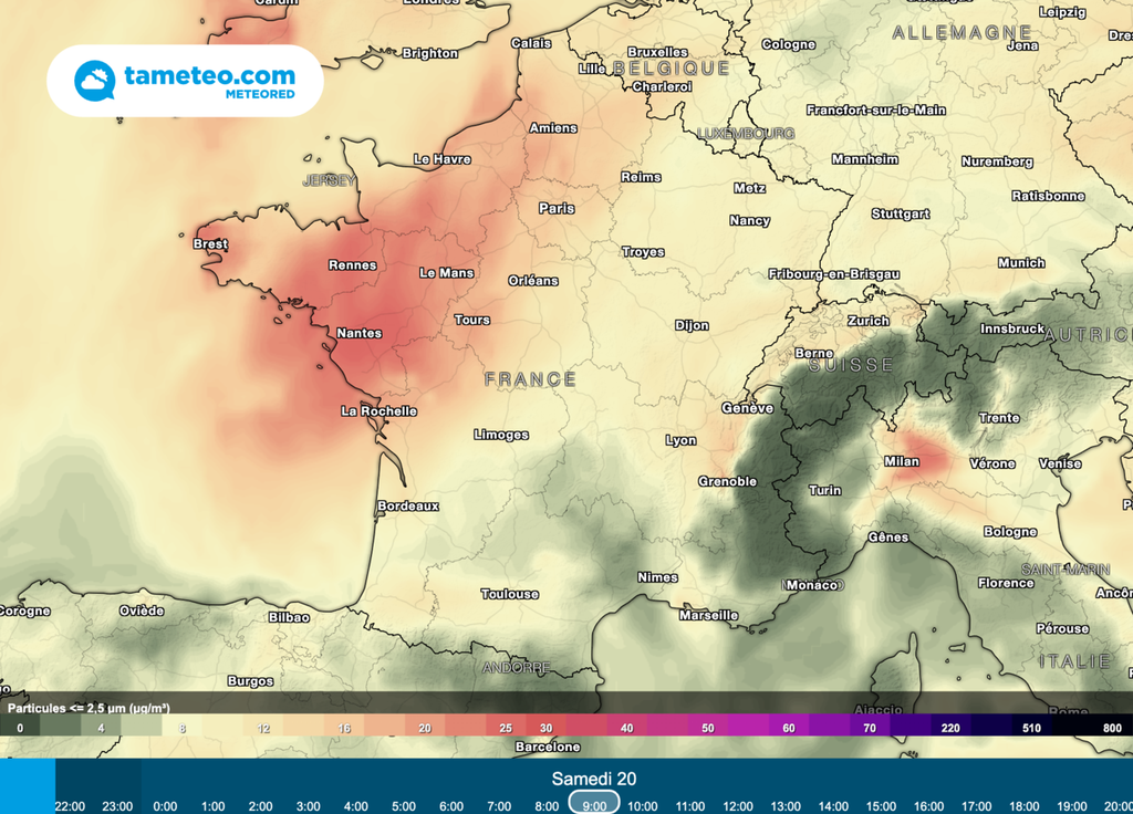 La pollution aux particules fines 2,5 sera bien présente ce samedi 20 mai 2023 dans le Nord-Ouest. La pollution aux particules fines 2,5 sera bien présente ce samedi 20 mai 2023 dans le Nord-Ouest.