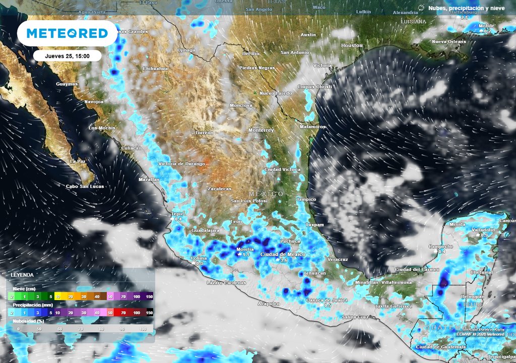 Las ondas tropicales mantendrán lluvias en la franja centro-sur, dominando el Sol en estados del norte y Golfo de México por anticiclón y Polvo del Sahara.