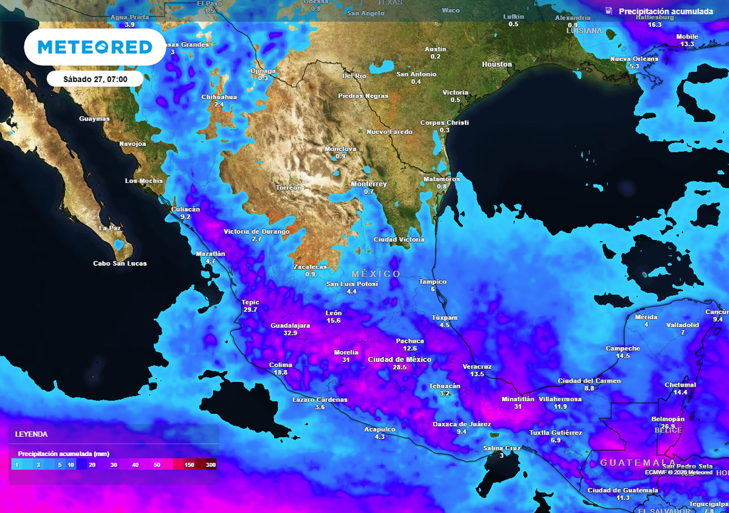 Estados del occidente, centro, sur, oriente y parte del sureste se prevén lluvias y tormentas de 10-40 mm con algunas mayores a 70 mm, siendo probables inundaciones.