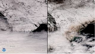 Polvo y arena del Sahara sobre la nieve de Europa del Este