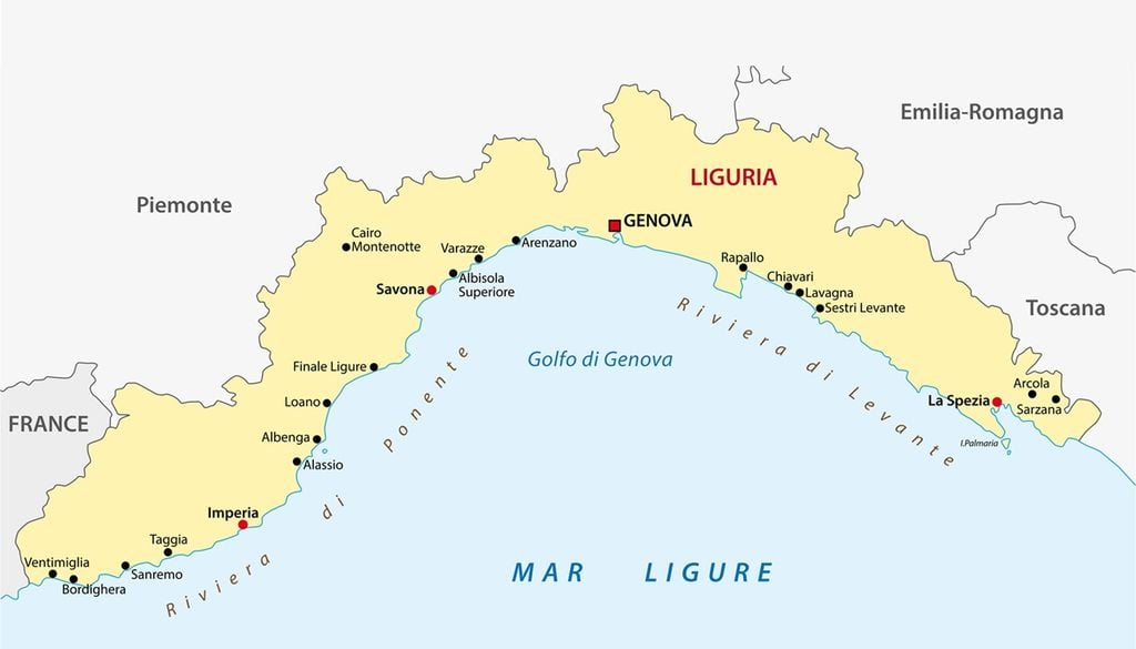liguria La carta della Liguria con i nomi delle principali località.