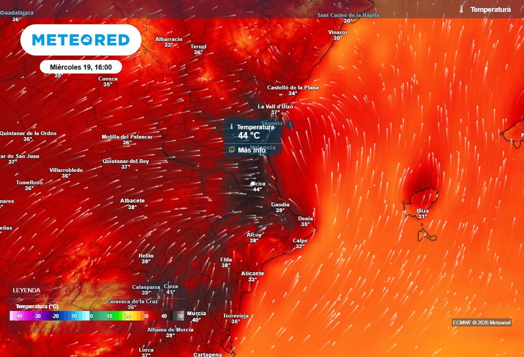 Temperaturas previstas para la tarde del miércoles 19 de agosto. Los termómetros superarán ampliamente los 40 ºC en numerosos puntos de la provincia de Valencia, donde localmente podrían acercarse a los 45 ºC.