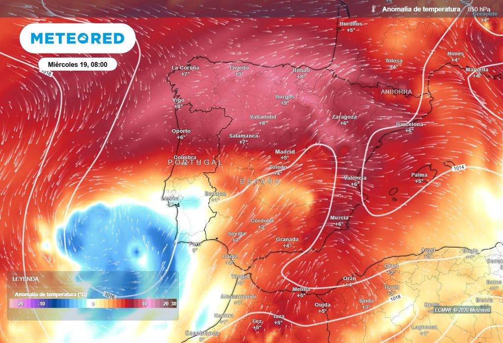 Anomalías térmicas previstas a 1500 metros de altitud. La posición de la dana en el suroeste peninsular favorecerá la entrada de aire más cálido desde el norte de África.