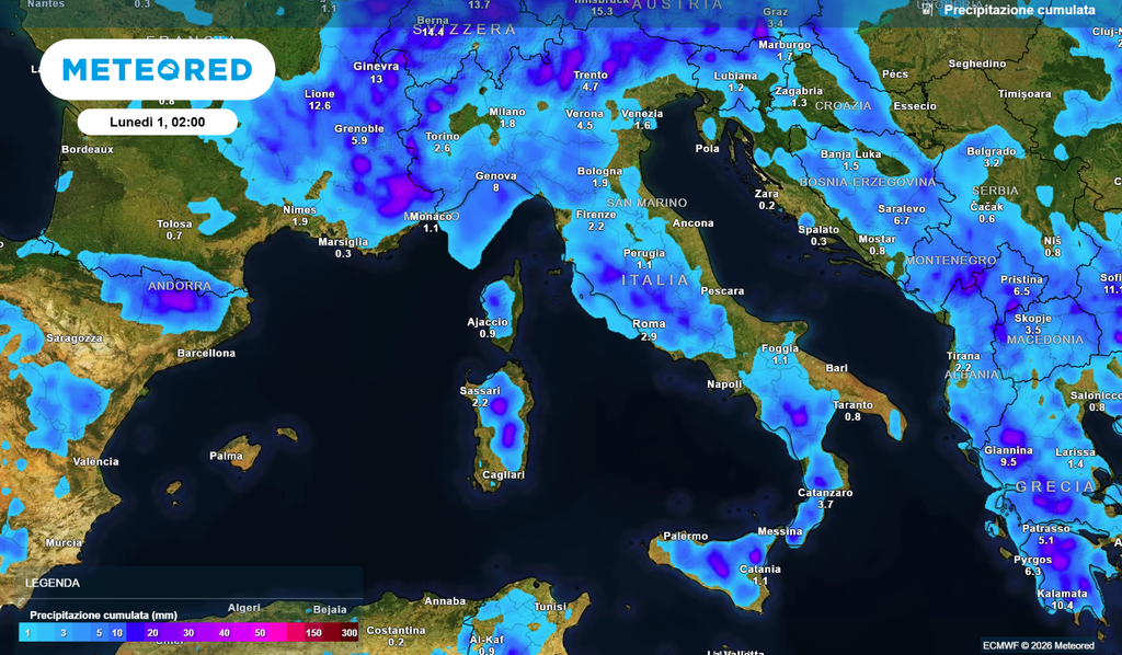 Precipitazione cumulata in Italia durante questa settimana.
