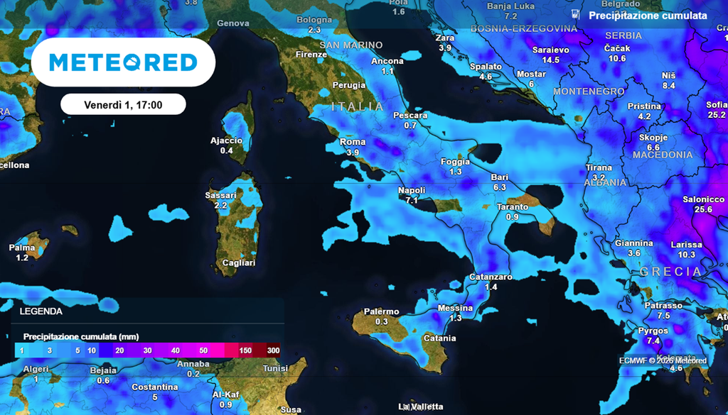 Pioggia comunque non intensa, ma con deboli accumuli specie in Puglia