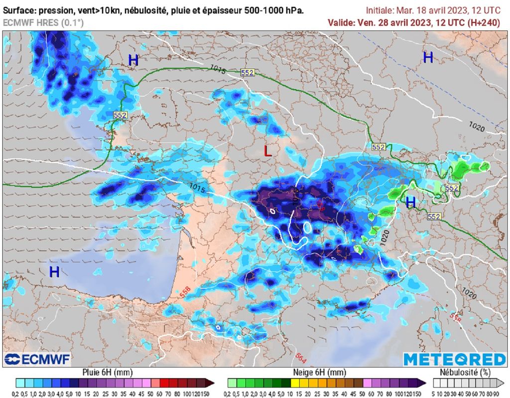 Le modèle européen ECMWF envisage la présence d'une goutte froide sur la France à l'aube du pont du 1er mai (via tameteo).
