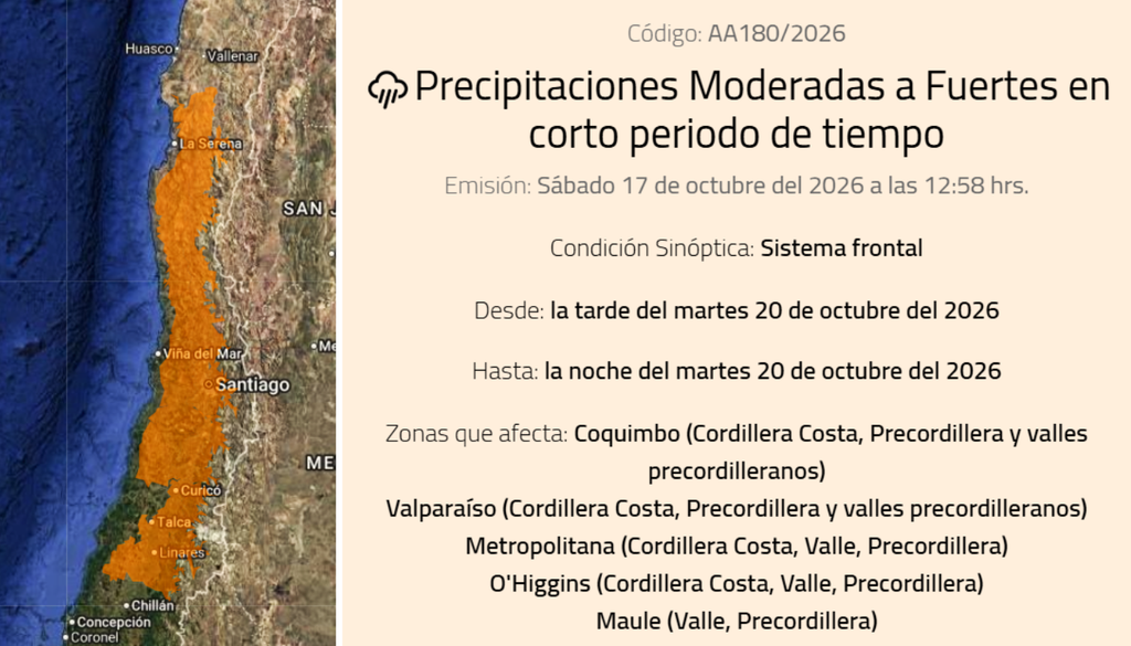 alerta meteorológica La alerta meteorológica AA180/2026 advierte sobre las intensas precipitaciones que dejará el ciclón extratropical entre las regiones de Coquimbo y del Maule. Fuente: DMC.