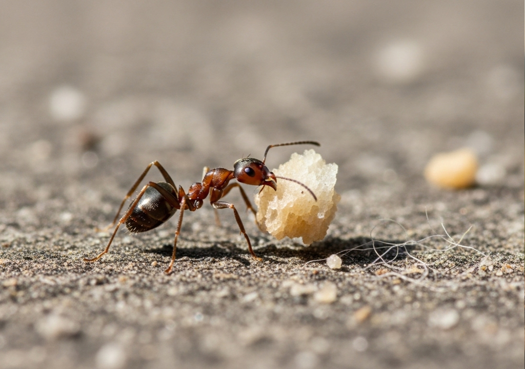 Una hormiga transporta un trozo de alimento siguiendo señales químicas que permiten a la colonia ubicar y explotar nuevas fuentes de comida.