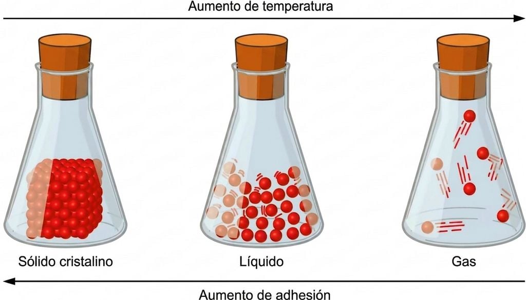 A medida que aumenta la temperatura, la adhesión entre moléculas disminuye. Imagen: OpenStax, CC BY-SA