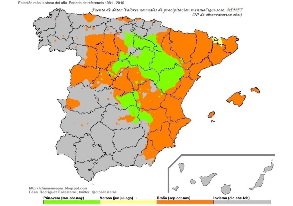 Estación más lluviosa del año, según la media de estaciones de la AEMET. Fuente: climaenmapas.blogspot.com.