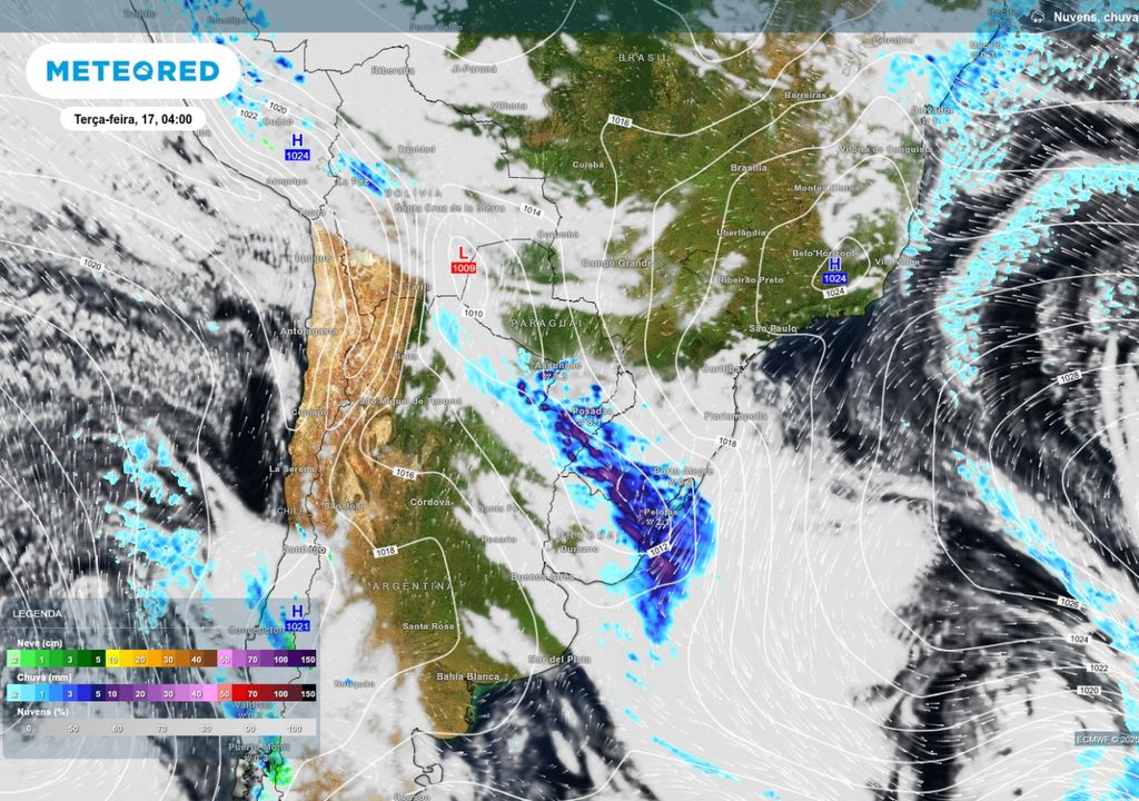 Linhas de pressão mostram região alongada de baixa pressão sobre o RS e associado à chuva forte (escala de cores). Linhas de pressão mostram região alongada de baixa pressão sobre o RS e associado à chuva forte (escala de cores).