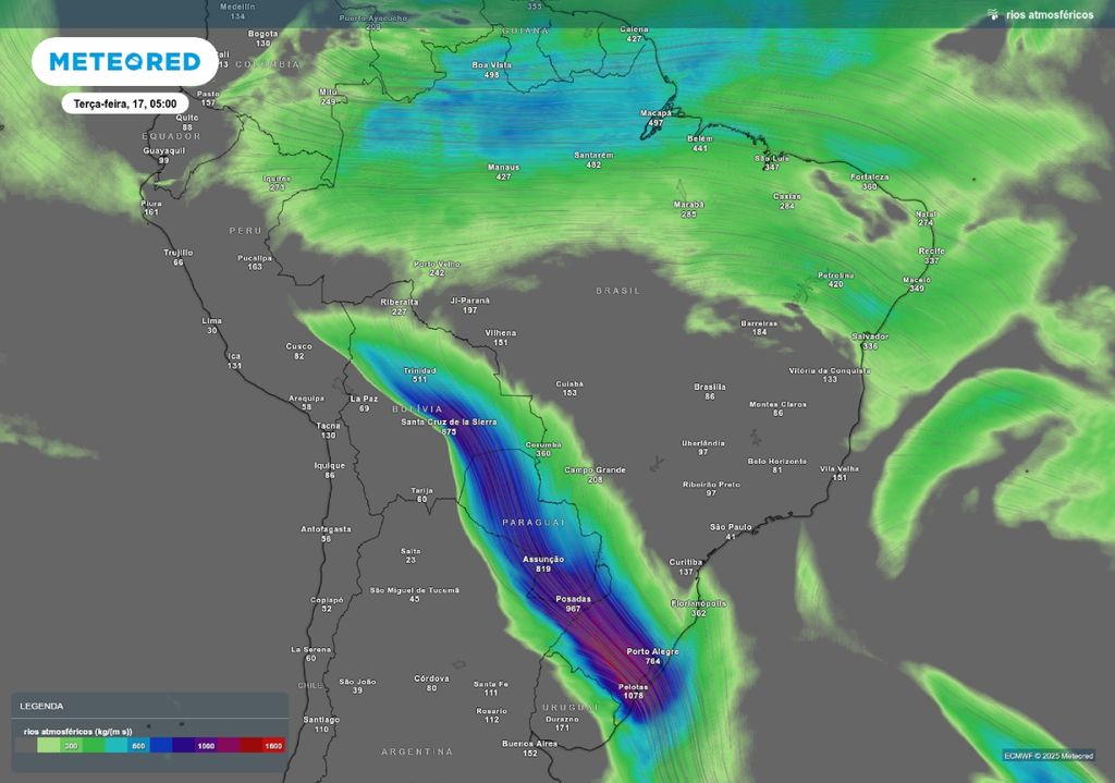 Rio atmosférico transportando grande conteúdo de umidade em direção ao Sul do país. Rio atmosférico transportando grande conteúdo de umidade em direção ao Sul do país.