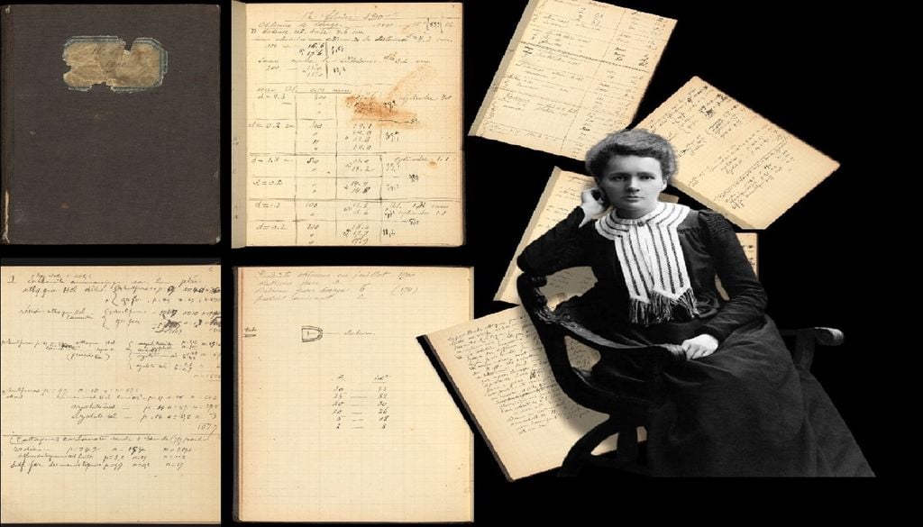 Marie Curie e páginas dos seus cadernos As notas que Marie Curie tirou ao longo da vida estão entre os documentos mais importantes para a História da Ciência. Imagens das páginas: Wellcome Collection