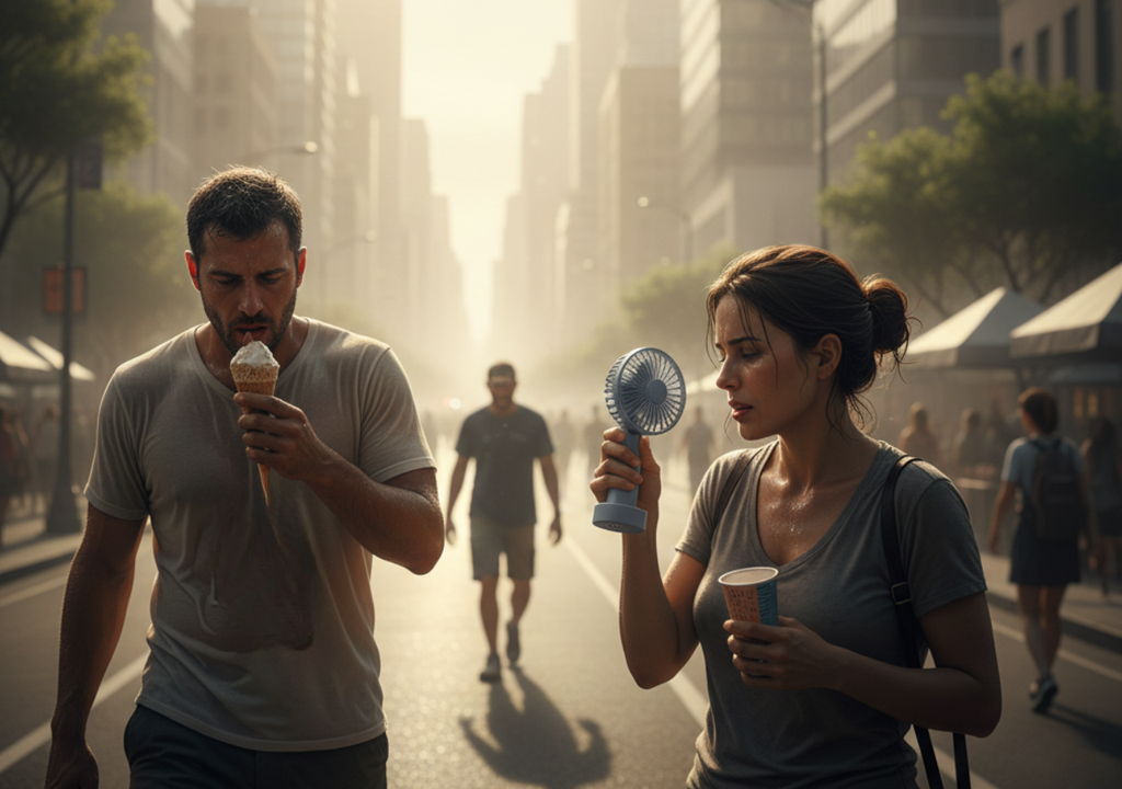 Personas buscan refrescarse en medio de una jornada de calor extremo en una ciudad, reflejando cómo las altas temperaturas y la humedad aumentan el estrés térmico en entornos urbanos.
