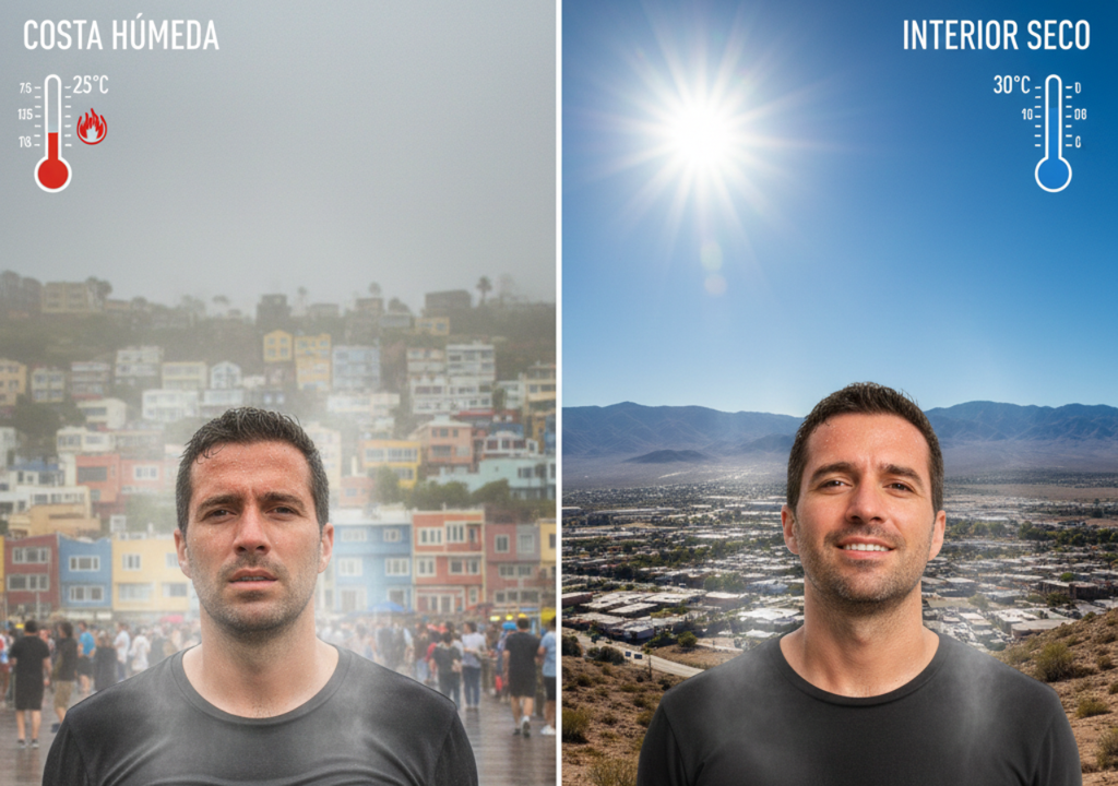 Comparación entre costa húmeda e interior seco: con alta humedad, el sudor no se evapora y el cuerpo se enfría peor, aumentando la sensación térmica; en ambientes secos, la evaporación es más eficiente y el calor se percibe como más tolerable.