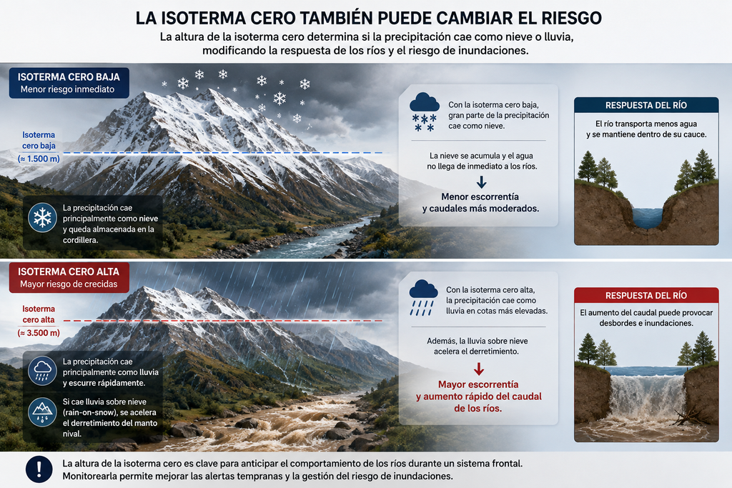 El estudio destaca que la altura de la isoterma cero puede modificar el riesgo de inundaciones. Imagen ilustrativa generada con inteligencia artificial (IA).