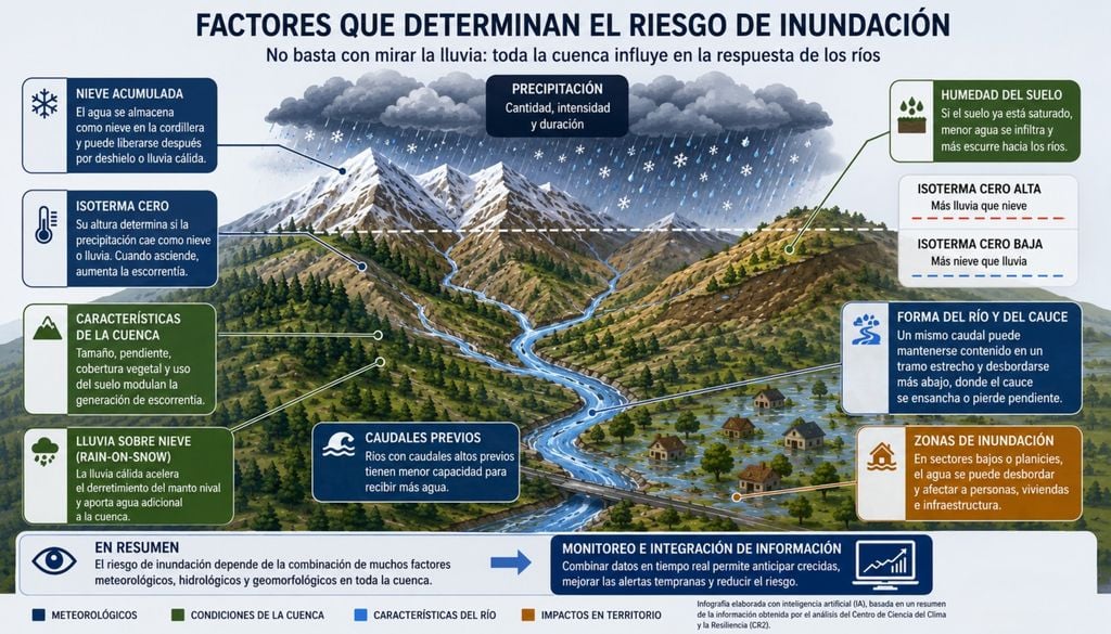 Infografía elaborada por IA, basada en un resumen de la información presentada en el análisis del Centro de Ciencia del Clima y la Resiliencia (CR2), para ilustrar los principales factores que influyen en el riesgo de inundaciones en las cuencas chilenas. Infografía elaborada por IA, basada en un resumen de la información presentada en el análisis del Centro de Ciencia del Clima y la Resiliencia (CR2), para ilustrar los principales factores que influyen en el riesgo de inundaciones en las cuencas chilenas.