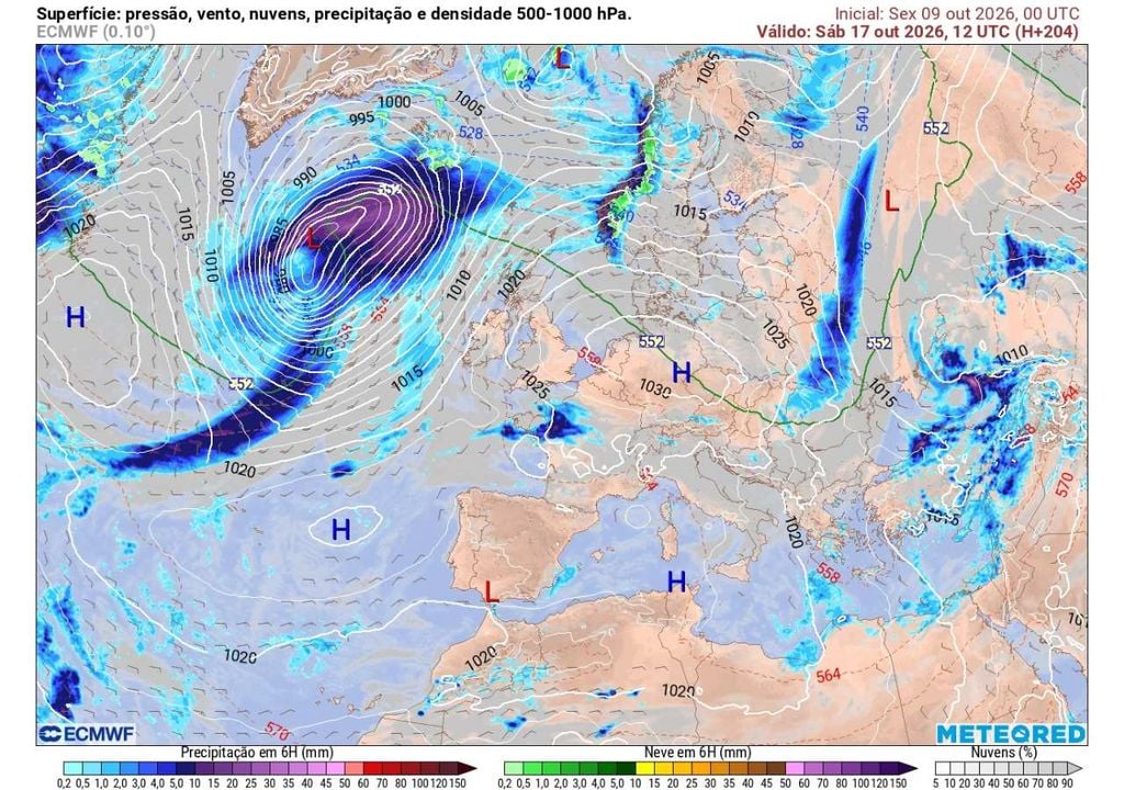 Uma profunda depressão deverá circular pelo Atlântico Norte, acompanhada por uma extensa frente de precipitação. Resta saber se esta conseguirá posteriormente avançar para sul ou se as altas pressões continuarão a manter a chuva afastada de Portugal.