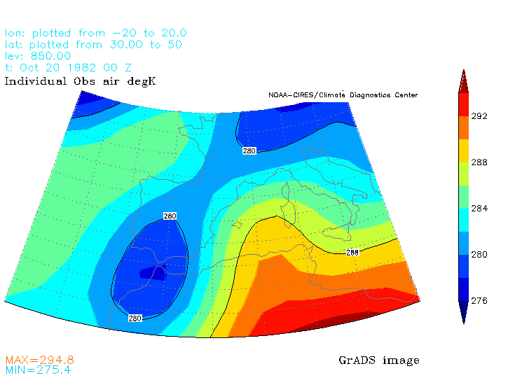 Mapa de temperatura (ºK) de 850 hPa del 20 de octubre de 1982 a las 00 UTC