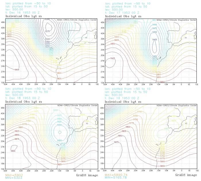 Geopotencial de 500 hPa. 16-19/12/53 00z: