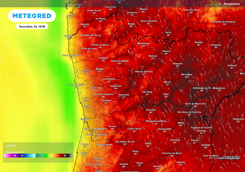 Temperatura Terça-feira poderá ser o dia mais quente deste episódio, com várias localidades do Vale do Douro e Interior Norte a aproximarem-se dos 40 ºC, contrastando com um litoral muito mais ameno.